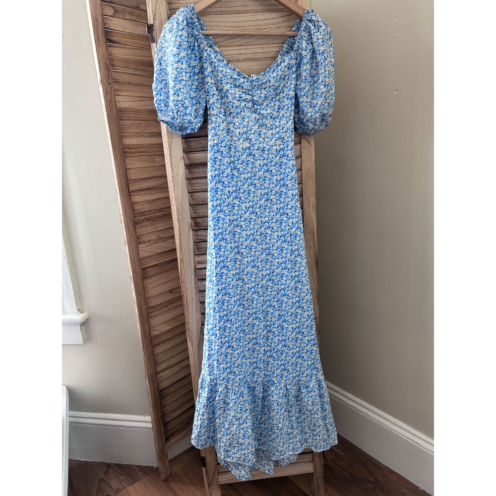 Blu Pepper Romantic Garden Blue Floral Puff Sleeve Maxi Dress M Cottagecore